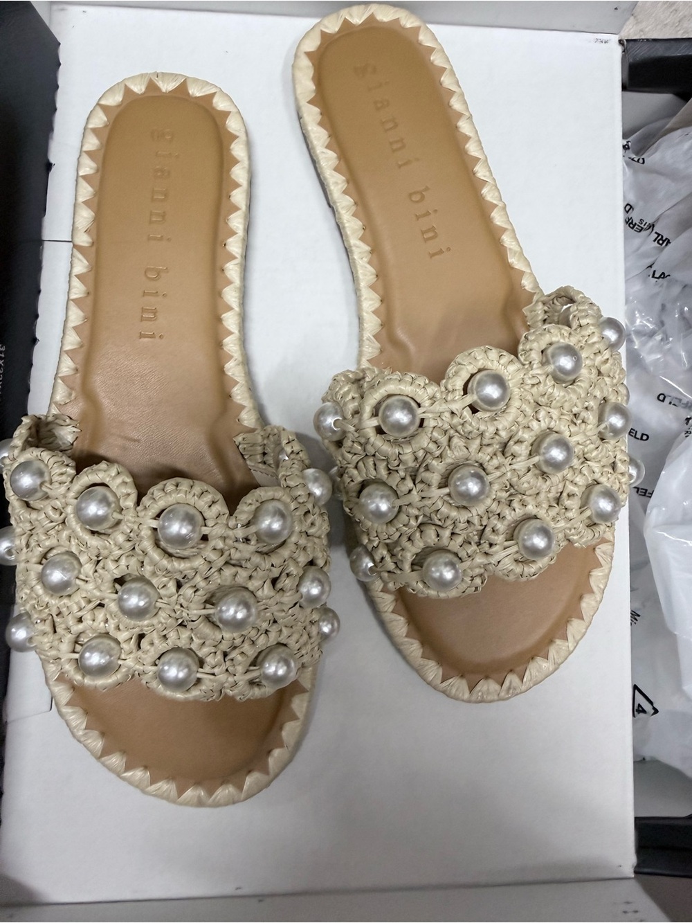 Gianni Bini Cream Crochet Pearl Slide Sandals